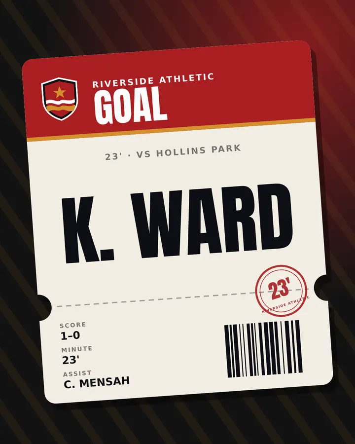 Goal card for Riverside Athletic in the Ticket stub look